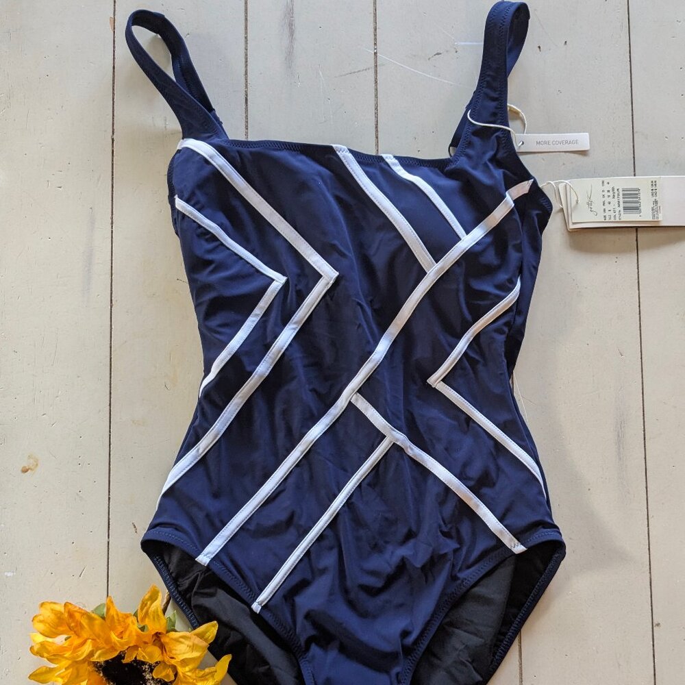 NWT:  WOMENS GOTTEX MIRAGE FULL COVERAGE SQUARE NECK BLUE/WHITE GEOMETRIC SWIMSU
